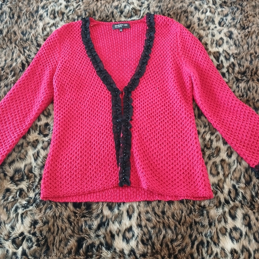 Jones New York Hot Pink with Black Beaded Trim Cardigan Sweater  Size S Stretchy - Picture 8 of 8